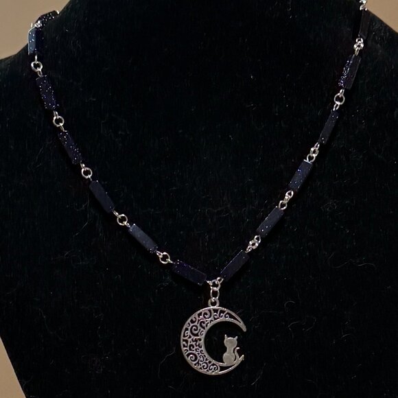 Dark Blue Goldstone Short Necklace w/ Silver Cat on the Moon Pendant - Picture 3 of 14